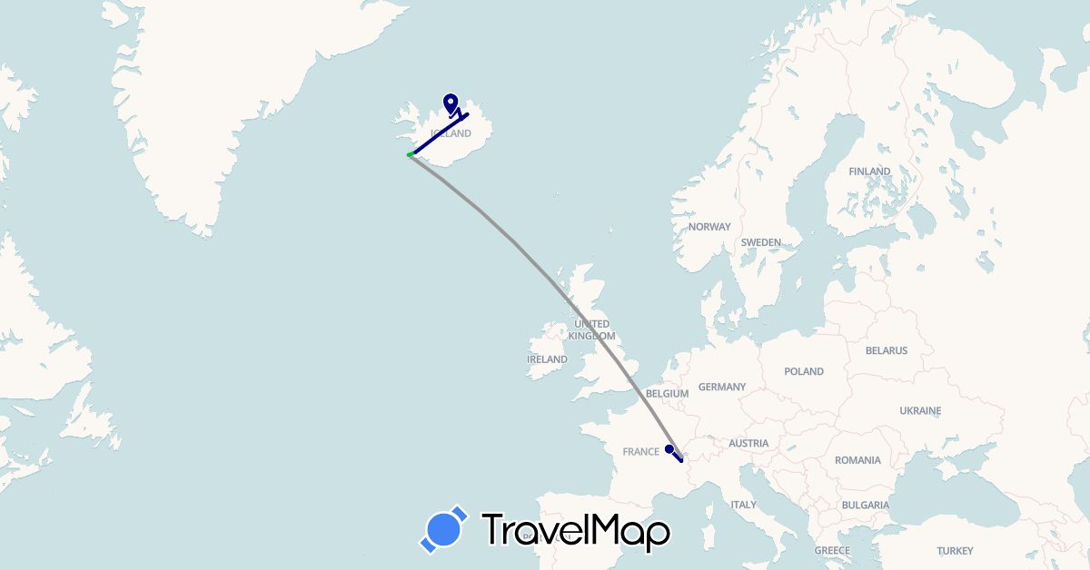 TravelMap itinerary: driving, bus, plane in Switzerland, France, Iceland (Europe)